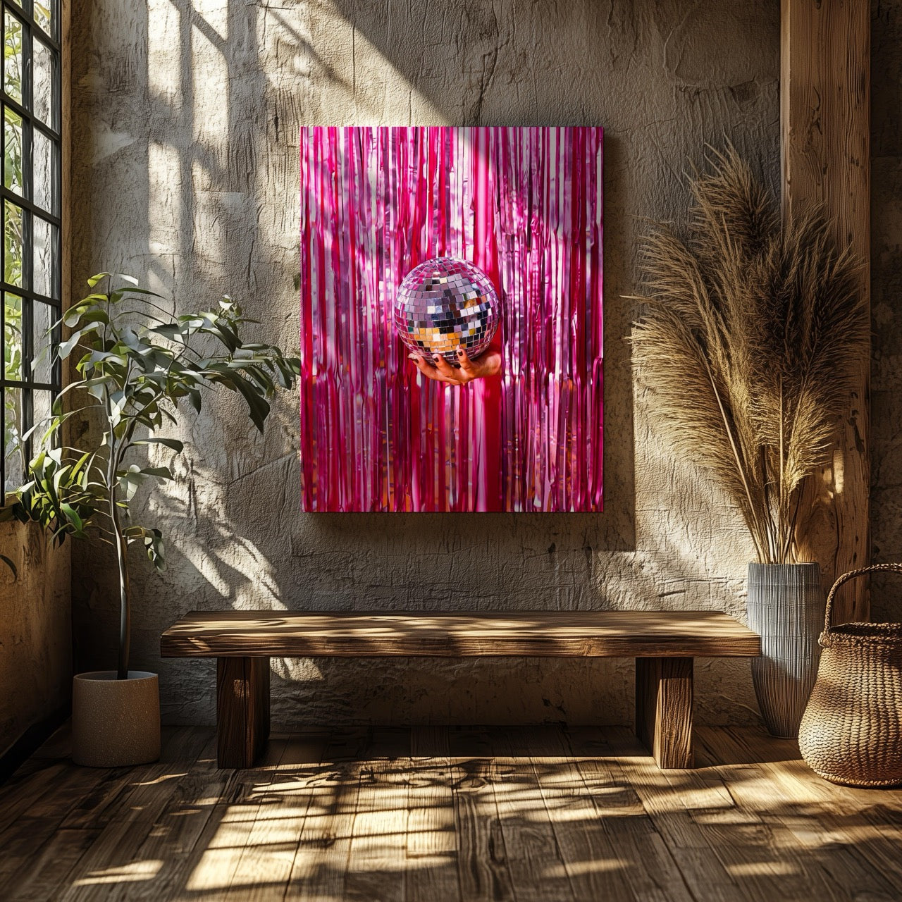 Pink Sparkle Disco Ball Party - Framed Canvas Wall Art Print - House Prints