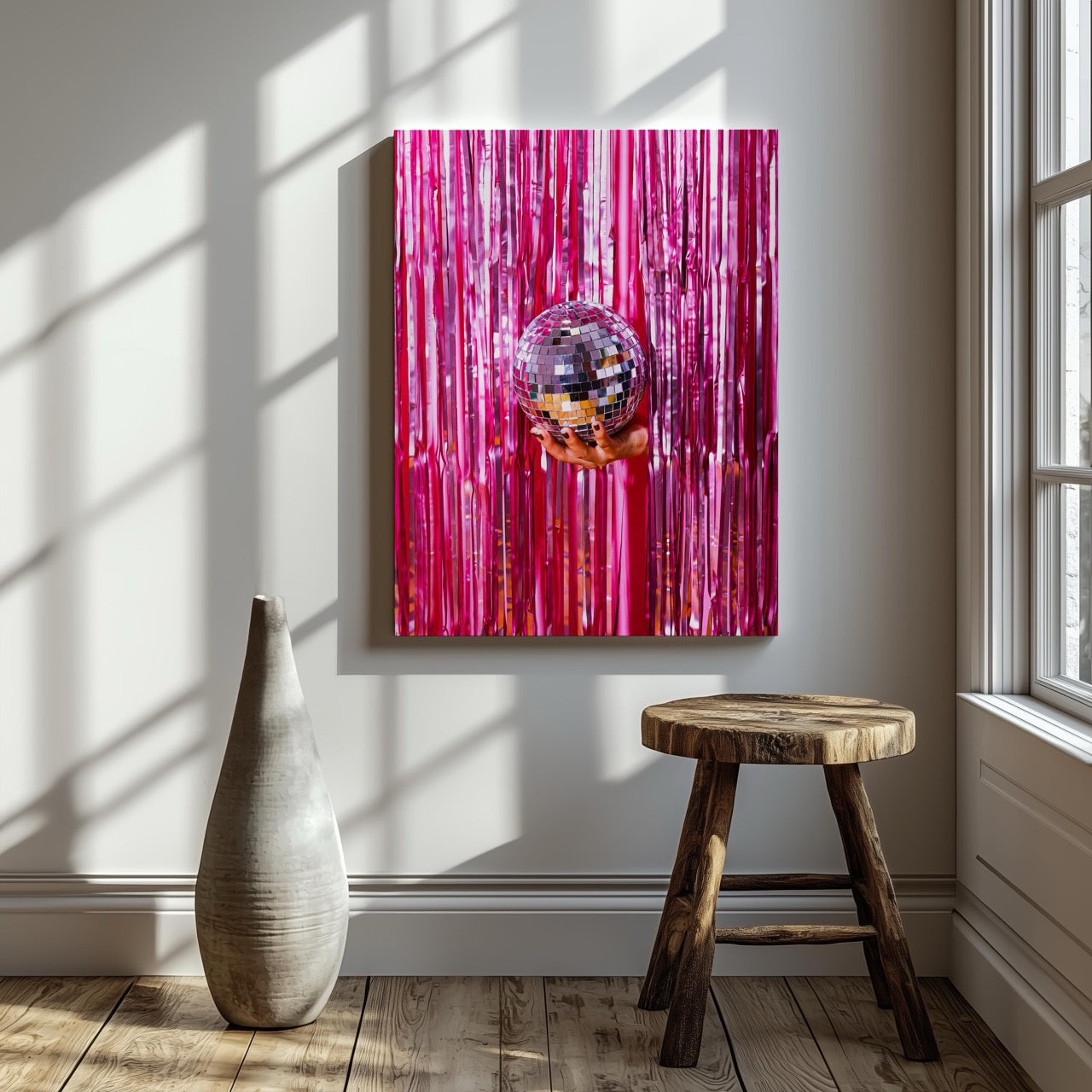 Pink Sparkle Disco Ball Party - Framed Canvas Wall Art Print - House Prints
