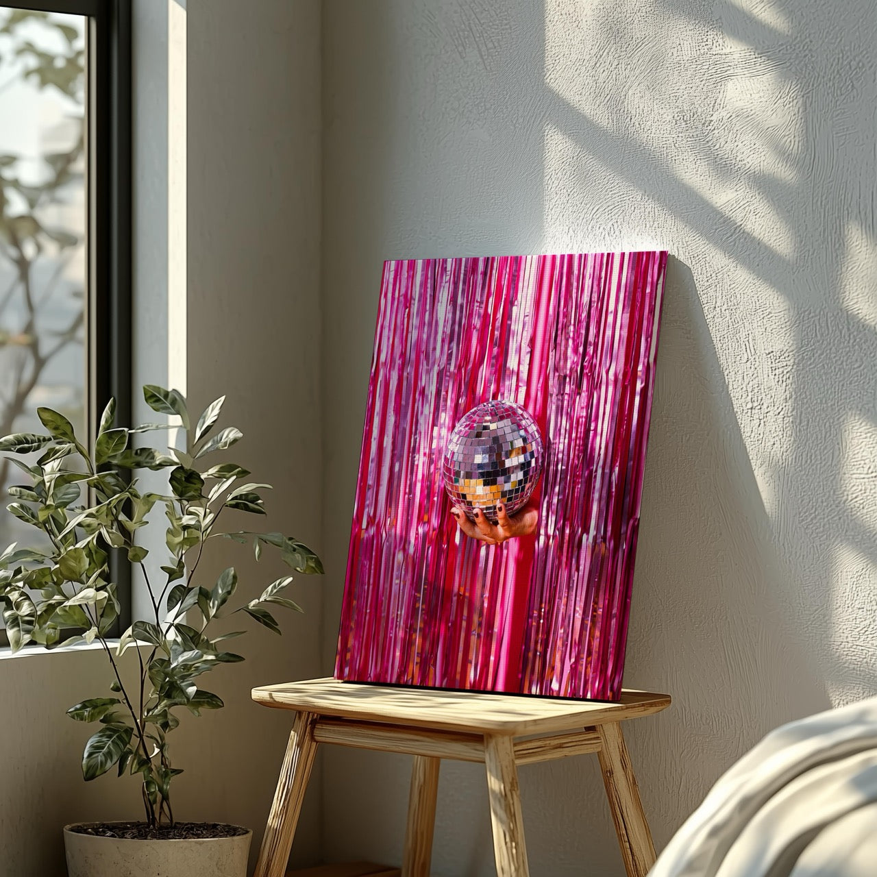 Pink Sparkle Disco Ball Party - Framed Canvas Wall Art Print - House Prints