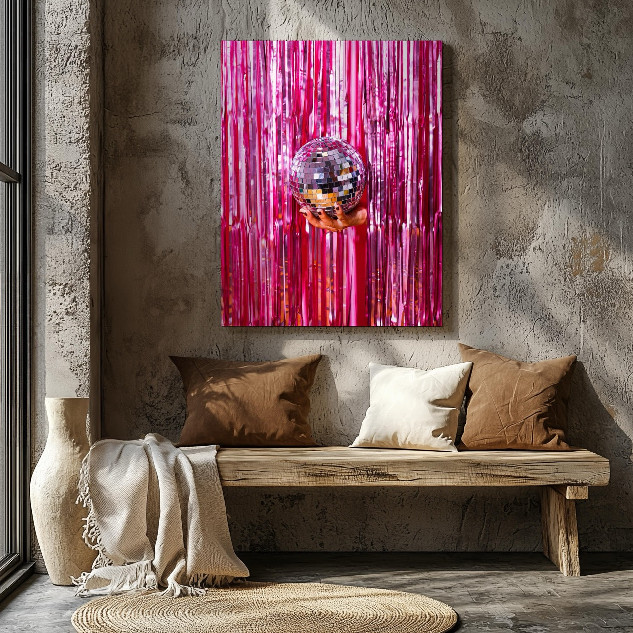 Pink Sparkle Disco Ball Party - Framed Canvas Wall Art Print - House Prints