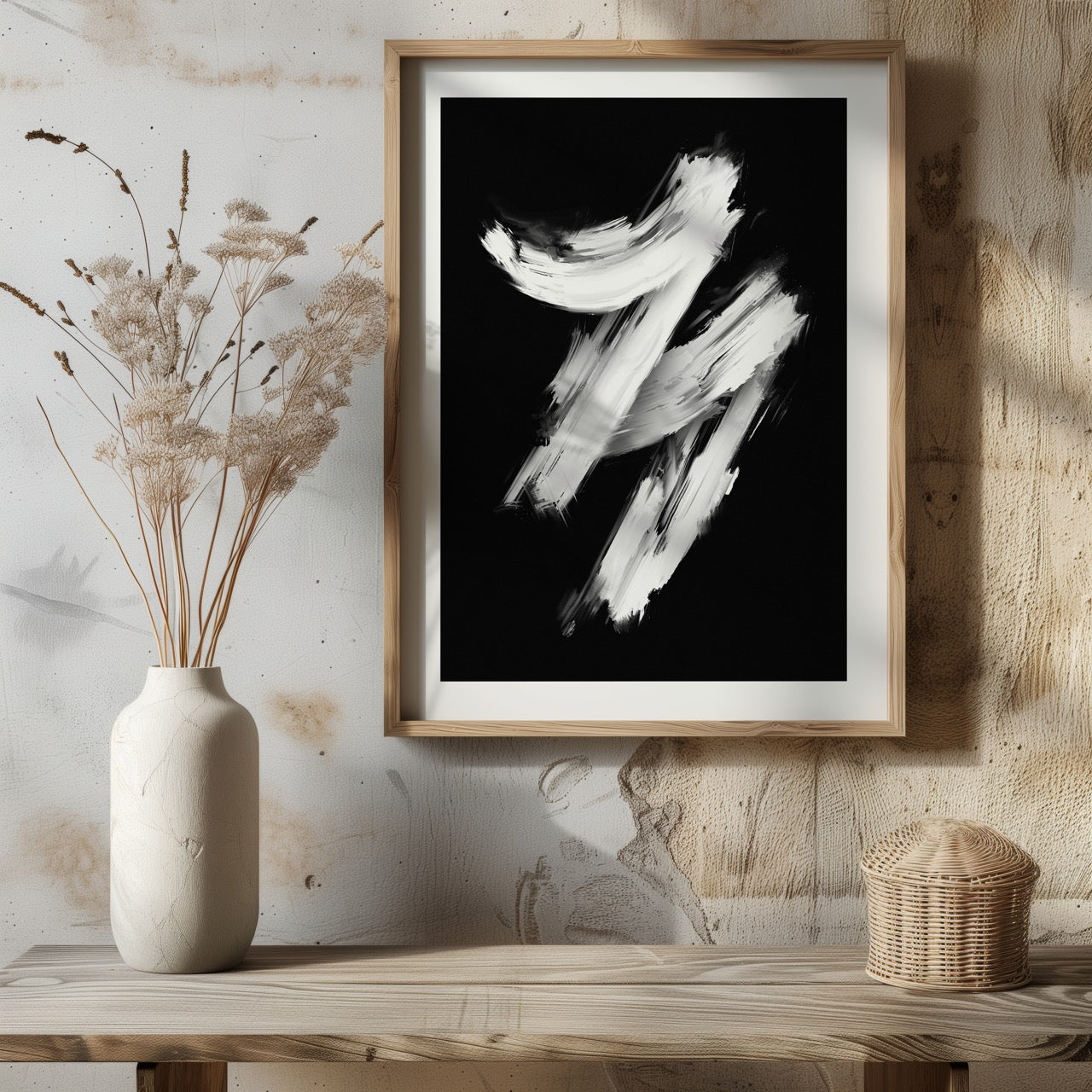 Monochrome Black & White Brushstroke Harmony - Rolled Poster Wall Art Print - House Prints