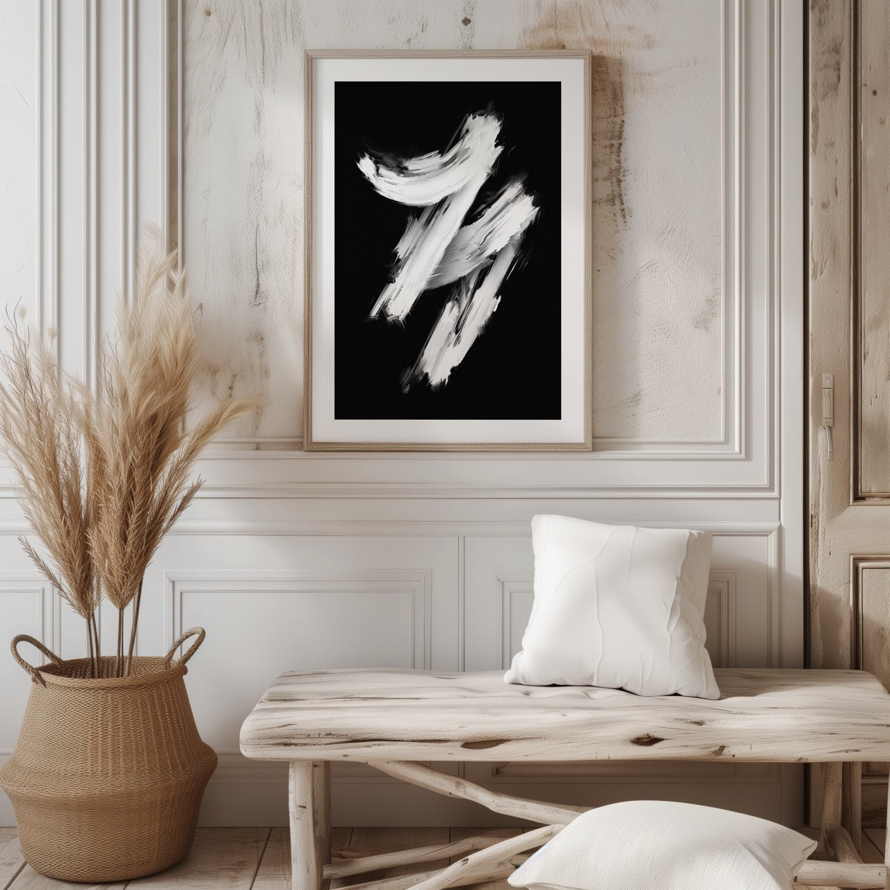 Monochrome Black & White Brushstroke Harmony - Rolled Poster Wall Art Print - House Prints