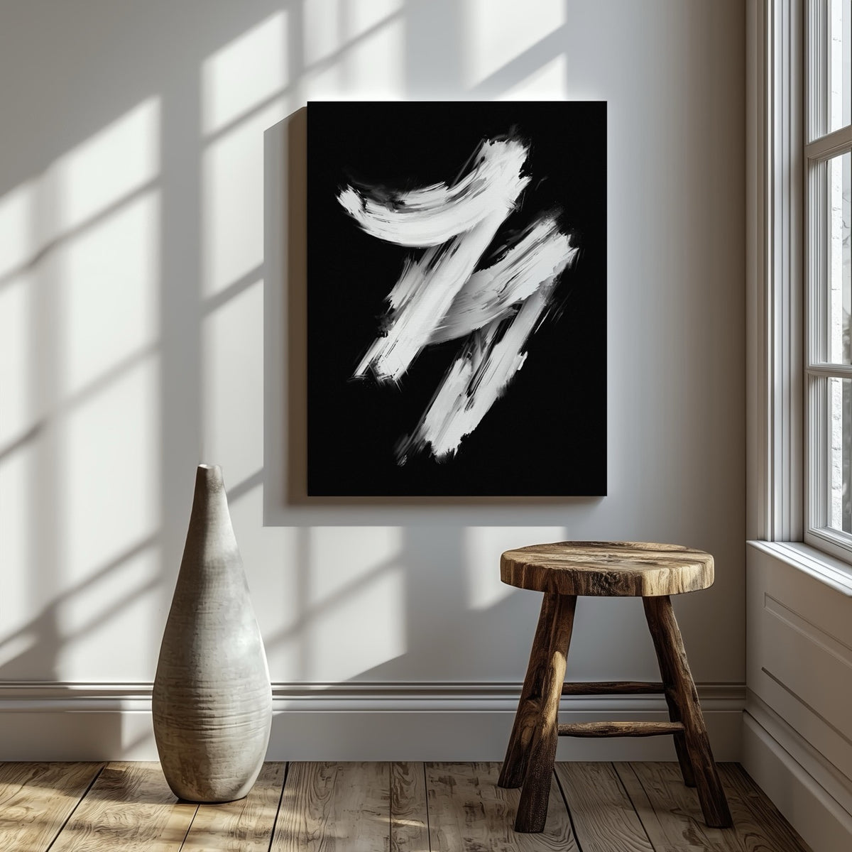 Monochrome Black & White Brushstroke Harmony - Framed Canvas Wall Art Print | House Prints