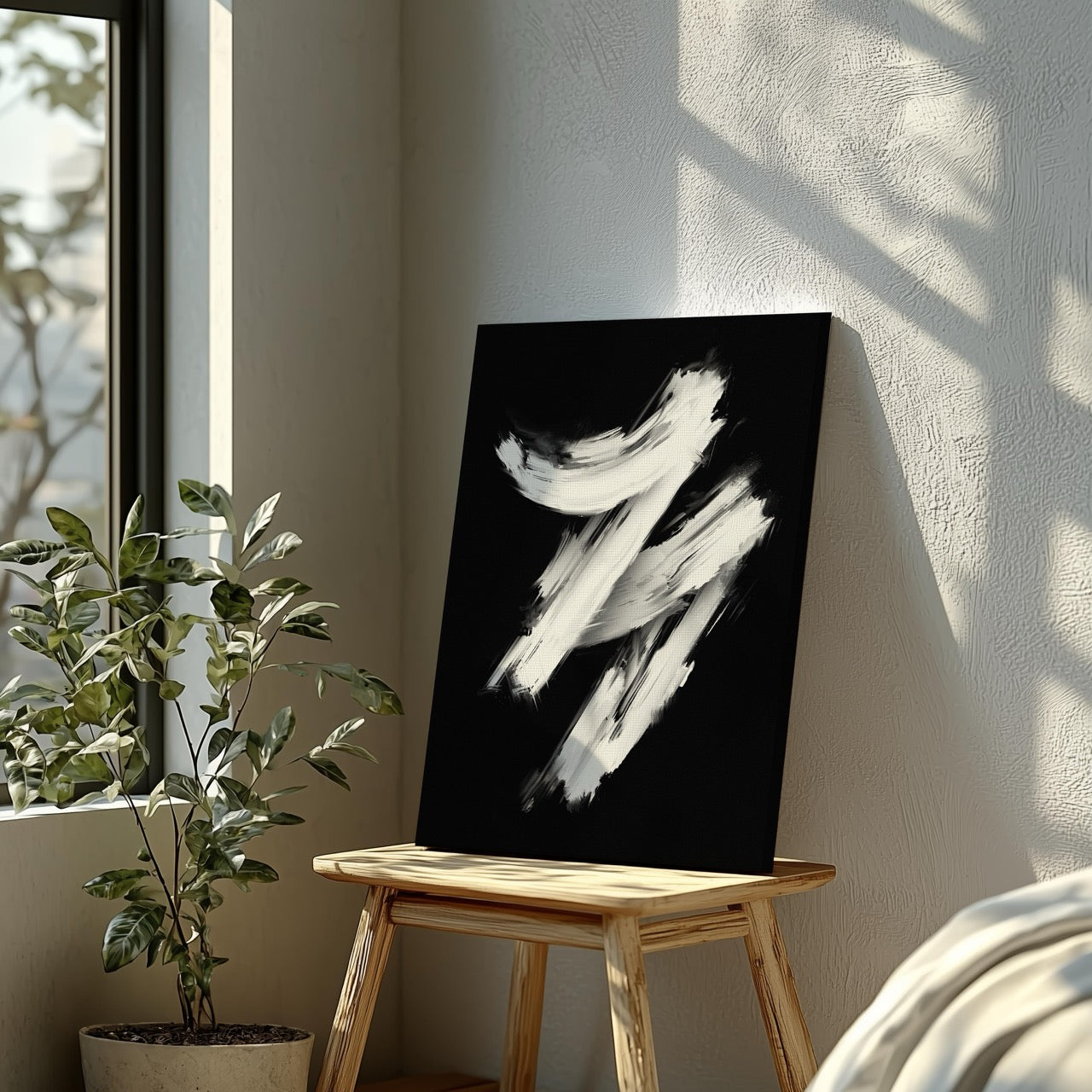 Monochrome Black & White Brushstroke Harmony - Framed Canvas Wall Art Print - House Prints