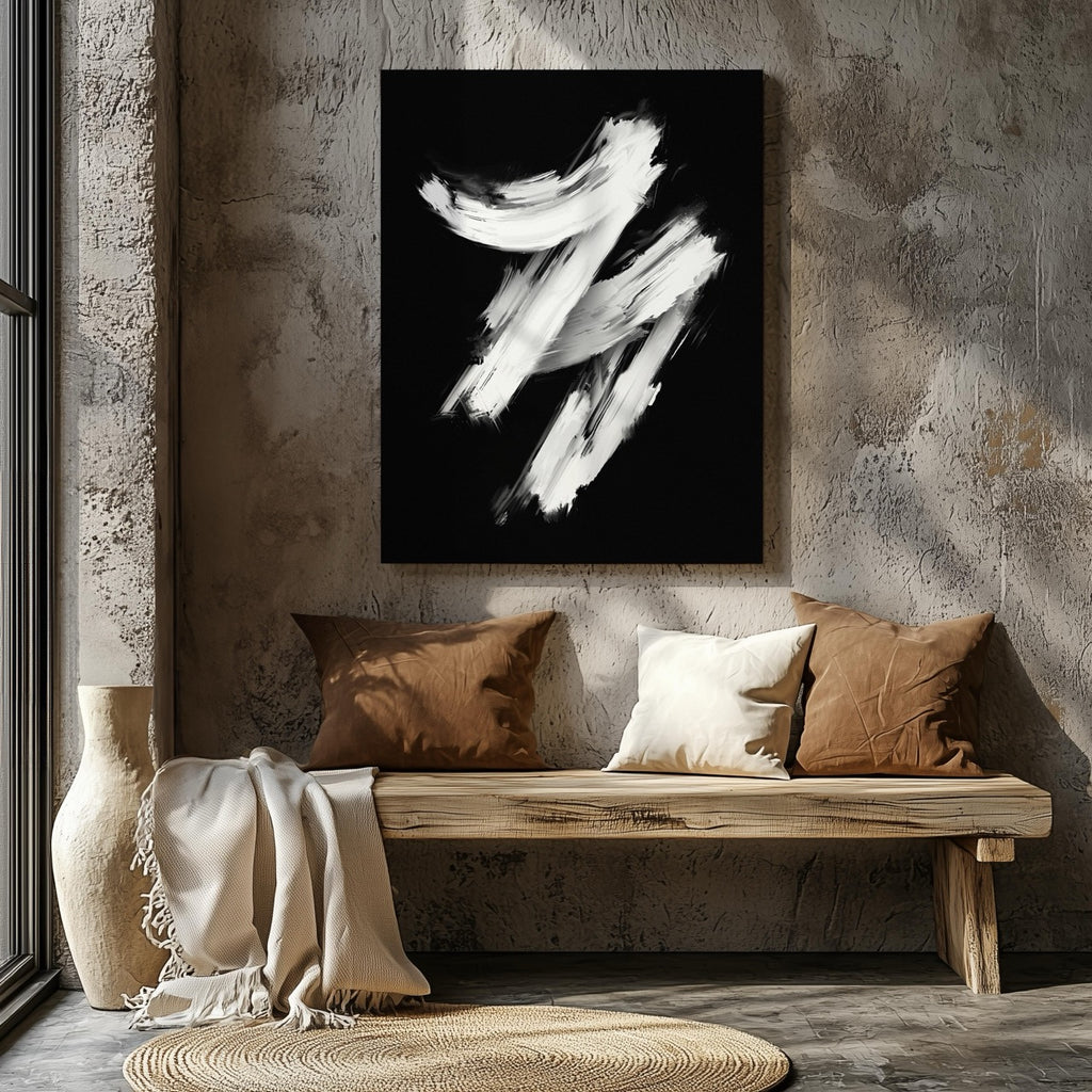Monochrome Black & White Brushstroke Harmony - Framed Canvas Wall Art Print | House Prints