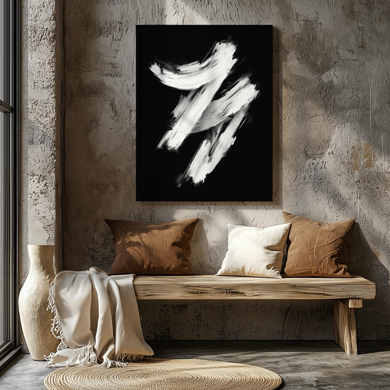 Monochrome Black & White Brushstroke Harmony - Framed Canvas Wall Art Print | House Prints