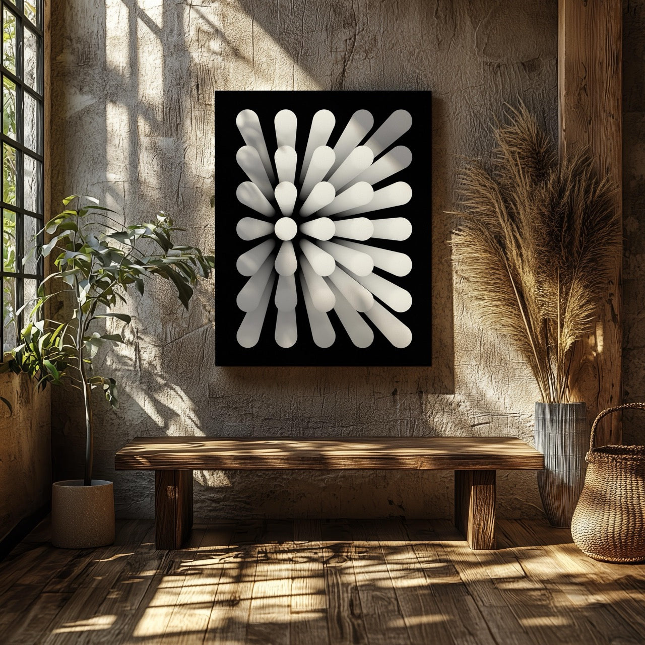 Modern Radiant Monochrome Circle Symmetry - Framed Canvas Wall Art Print | House Prints