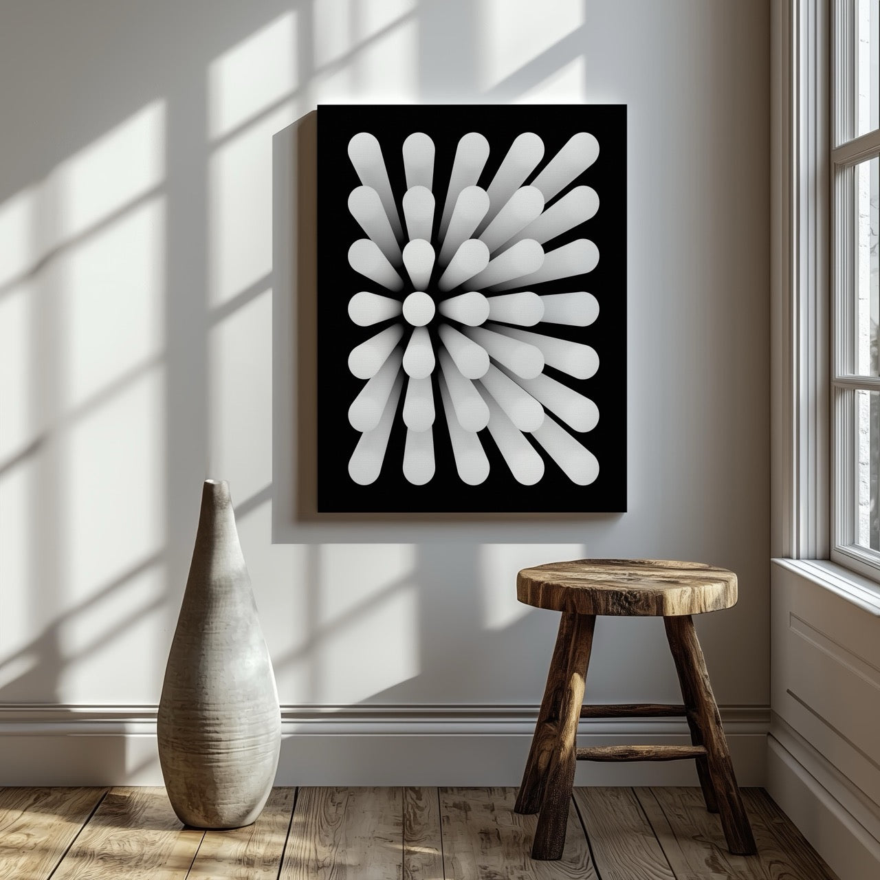 Modern Radiant Monochrome Circle Symmetry - Framed Canvas Wall Art Print | House Prints