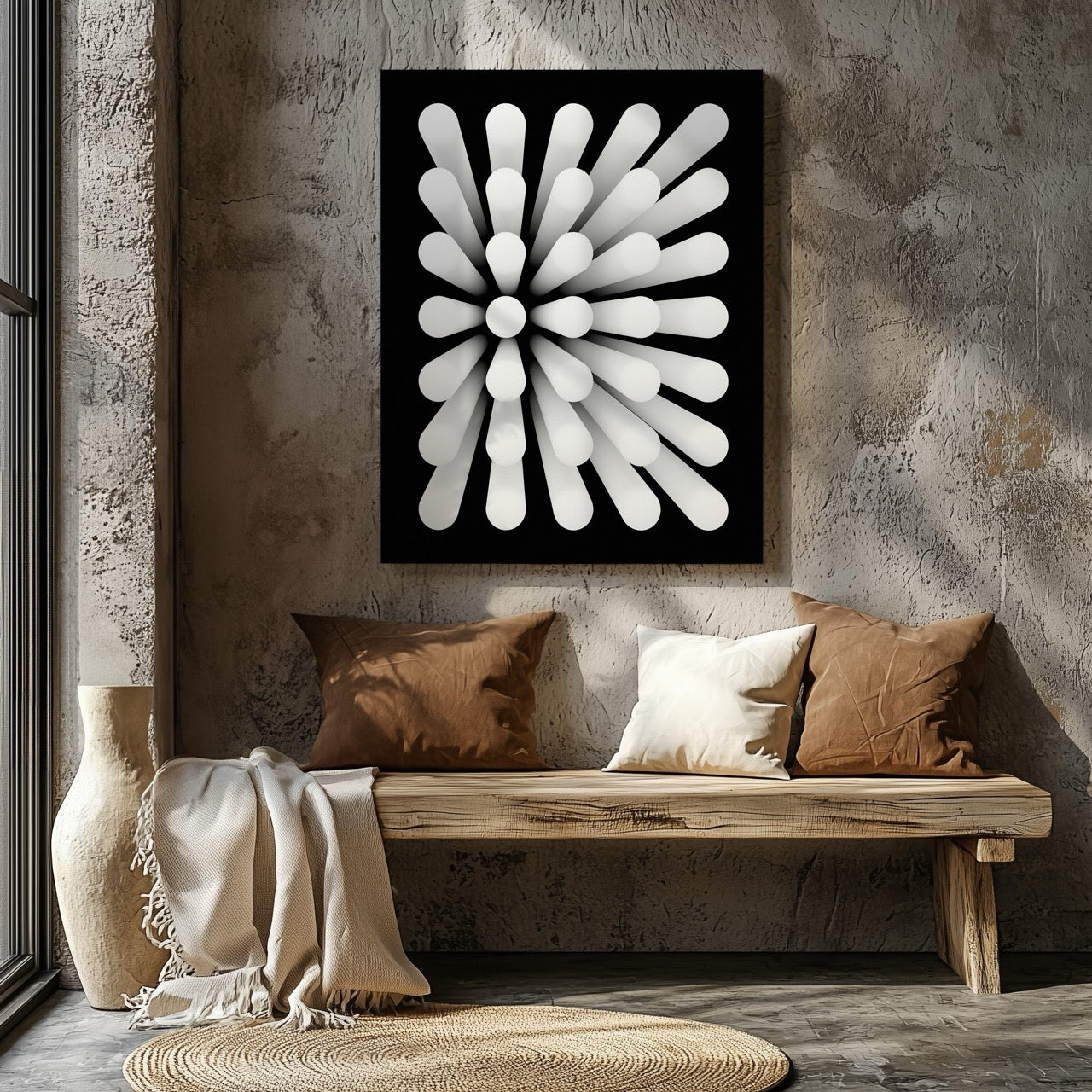 Modern Radiant Monochrome Circle Symmetry - Framed Canvas Wall Art Print | House Prints