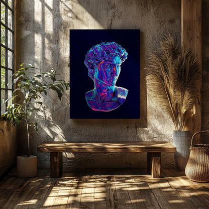 Neon David Statue Reimagined - Framed Canvas Wall Art Print - House Prints