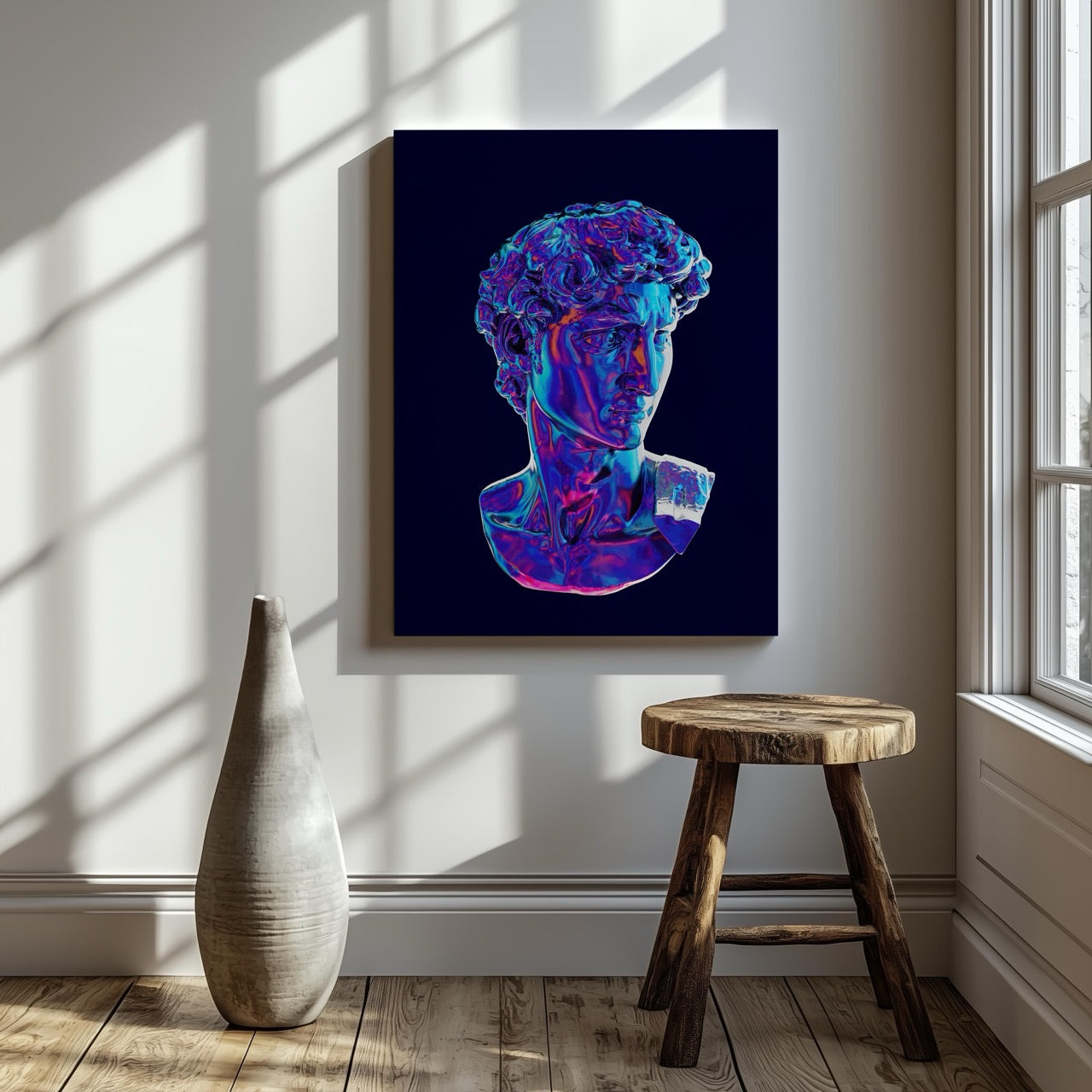 Neon David Statue Reimagined - Framed Canvas Wall Art Print - House Prints